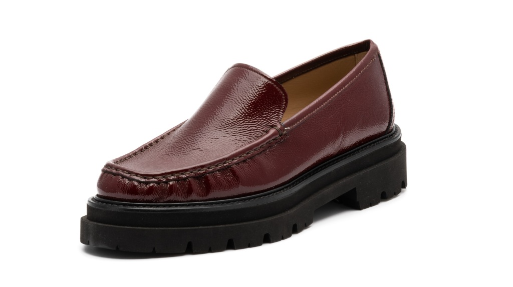 Chunky red wine patent loafer.