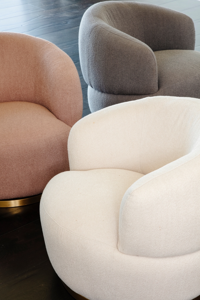 Pastel pink, grey and white Munich Swivel Chairs at OzDesign Furniture. 